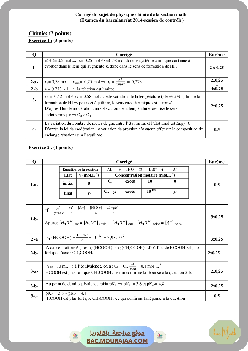 Corrigé controle physique Bac 2014 – Section math